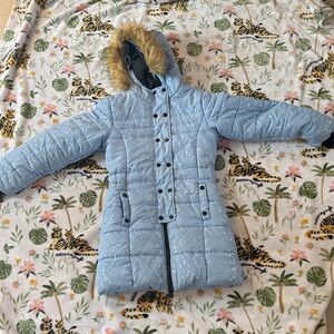 Light Blue Hooded Puffer Coat with Fur Trim